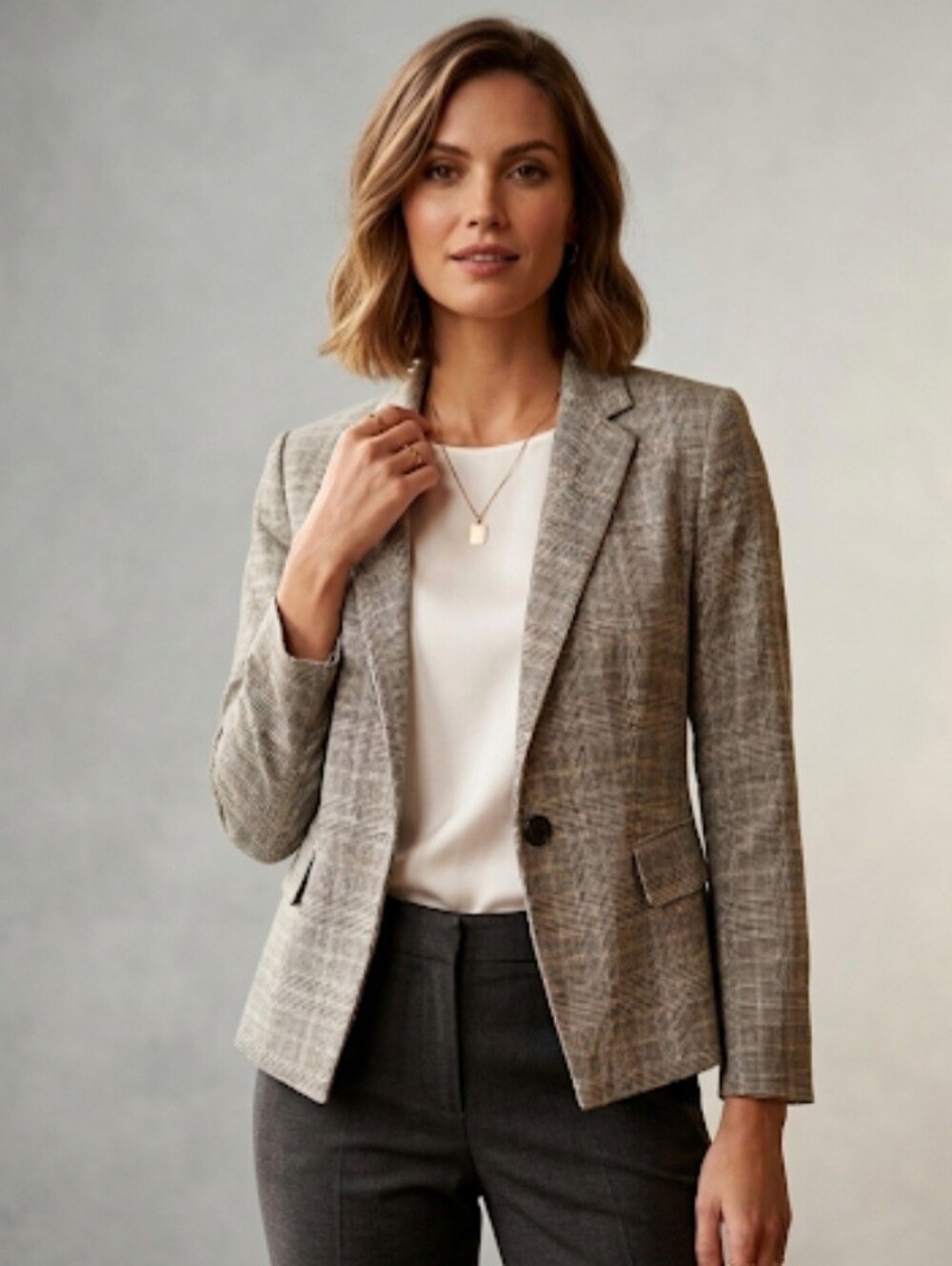 Ann Taylor Glen Plaid One Button Blazer Jacket Grey Cream Professional Size 4